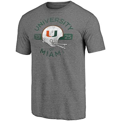 Men's Fanatics Branded Heathered Gray Miami Hurricanes Throwback Helmet Tri-Blend T-Shirt