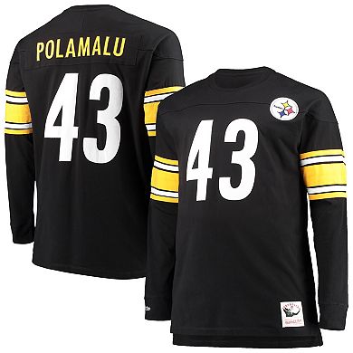 Men's Mitchell & Ness Troy Polamalu Black Pittsburgh Steelers Big & Tall Retired Player Name & Number Long Sleeve Top