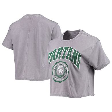 Women's Pressbox Heathered Gray Michigan State Spartans Edith Vintage Burnout Crop T-Shirt