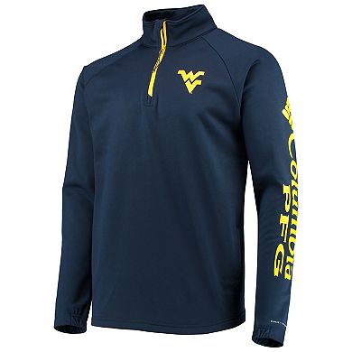 Men's Columbia Navy West Virginia Mountaineers Terminal Tackle Fleece Raglan Omni-Shade Quarter-Zip Jacket