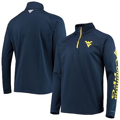 Men's Columbia Navy West Virginia Mountaineers Terminal Tackle Fleece Raglan Omni-Shade Quarter-Zip Jacket