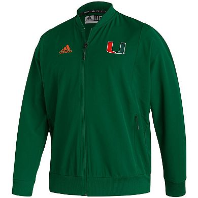 Men's adidas Green Miami Hurricanes 2021 Sideline Woven Primeblue Full-Zip Bomber Jacket