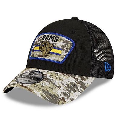 Men's New Era Black/Camo Los Angeles Rams 2021 Salute To Service Trucker 9FORTY Snapback Adjustable Hat