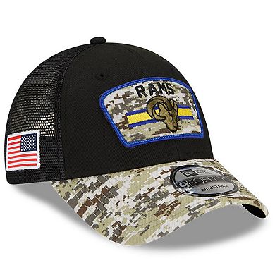 Men's New Era Black/Camo Los Angeles Rams 2021 Salute To Service Trucker 9FORTY Snapback Adjustable Hat
