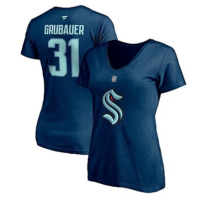 Women's Fanatics Branded Philipp Grubauer Deep Sea Blue Seattle Kraken Authentic Stack Name & Number V-Neck T-Shirt