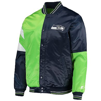 Men's Starter College Navy/Neon Green Seattle Seahawks Leader Varsity Satin Full-Snap Jacket