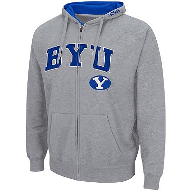 Men's Colosseum Heathered Gray BYU Cougars Arch & Logo 3.0 Full-Zip Hoodie