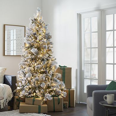 Home Heritage 7.5' Prelit Snowdrift Flocked Christmas Tree W/berries & Pinecones
