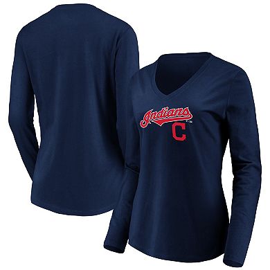 Women's Fanatics Branded Navy Cleveland Indians Core Team Lockup Long Sleeve V-Neck T-Shirt