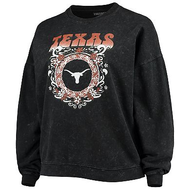 Women's ZooZatz Black Texas Longhorns Garment Wash Oversized Vintage Pullover Sweatshirt