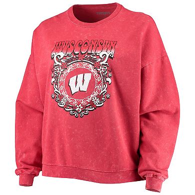 Women's ZooZatz Red Wisconsin Badgers Garment Wash Oversized Vintage Pullover Sweatshirt