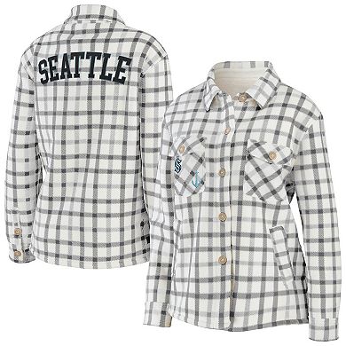 Women's WEAR by Erin Andrews Oatmeal Seattle Kraken Plaid Button-Up Shirt Jacket