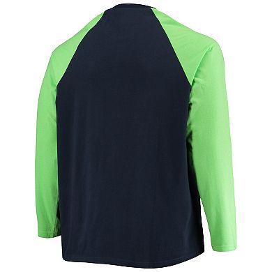 Men's New Era College Navy/Neon Green Seattle Seahawks Big & Tall League Raglan Long Sleeve T-Shirt
