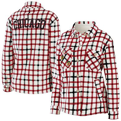 Women's WEAR by Erin Andrews Oatmeal Chicago Blackhawks Plaid Button-Up Shirt Jacket