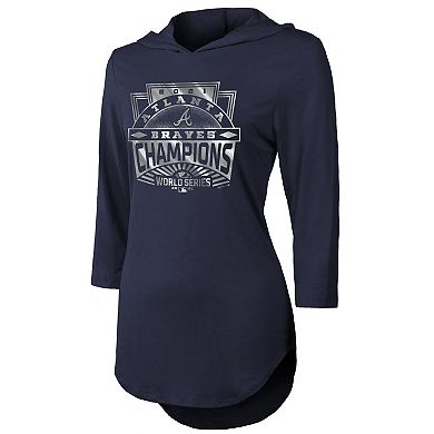 Women's Majestic Threads Navy Atlanta Braves 2021 World Series Champions Hilo 3/4-Sleeve Hoodie T-Shirt