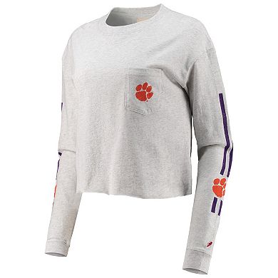 Women's League Collegiate Wear Heathered Gray Clemson Tigers Clothesline Cotton Midi Crop Long Sleeve T-Shirt