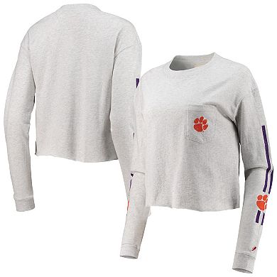 Women's League Collegiate Wear Heathered Gray Clemson Tigers Clothesline Cotton Midi Crop Long Sleeve T-Shirt