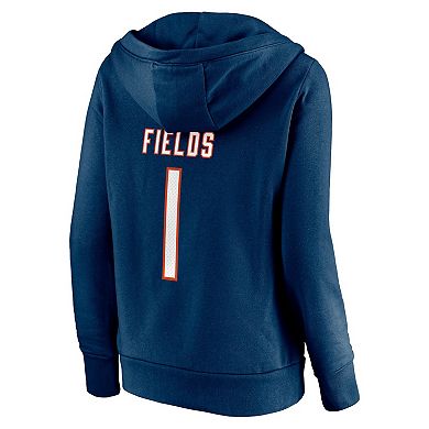 Women's Fanatics Branded Justin Fields Navy Chicago Bears Player Icon Name & Number V-Neck Pullover Hoodie