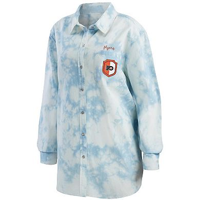 Women's WEAR by Erin Andrews White Philadelphia Flyers Oversized Tie-Dye Button-Up Denim Shirt
