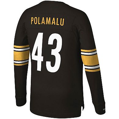 Men's Mitchell & Ness Troy Polamalu Black Pittsburgh Steelers Throwback Retired Player Name & Number Long Sleeve Top