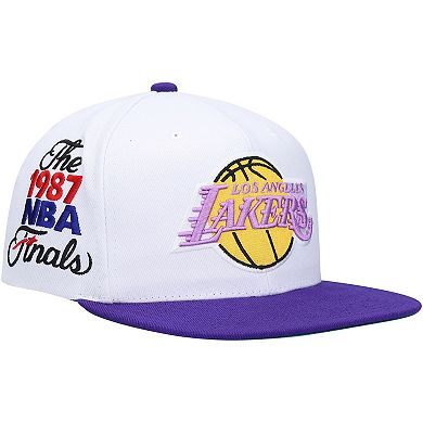 Men's Mitchell & Ness White/Purple Los Angeles Lakers Hardwood Classics 1987 NBA Finals XL Patch Snapback Hat