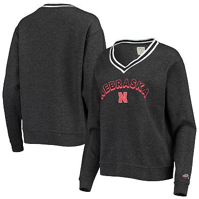 Women's League Collegiate Wear Heathered Black Nebraska Huskers Victory Springs Tri-Blend V-Neck Pullover Sweatshirt