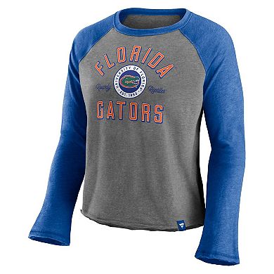 Women's Fanatics Branded Heathered Gray/Heathered Royal Florida Gators Competitive Edge Cropped Raglan Long Sleeve T-Shirt