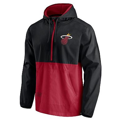 Men's Fanatics Branded Black/Red Miami Heat Anorak Block Party Windbreaker Half-Zip Hoodie Jacket