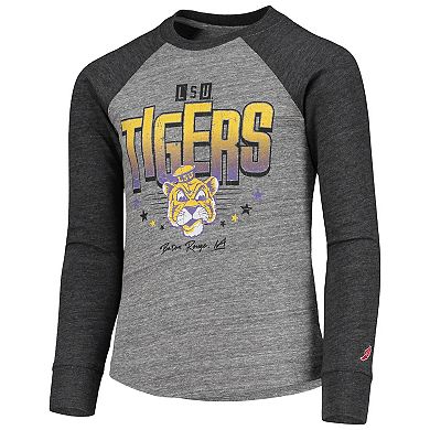 Youth League Collegiate Wear Heathered Gray LSU Tigers Baseball Tri-Blend Raglan Long Sleeve T-Shirt
