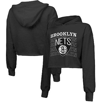 Women's Majestic Threads Black Brooklyn Nets Repeat Cropped Tri-Blend Pullover Hoodie