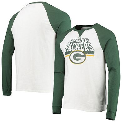 Men's Junk Food White/Green Bay Packers Colorblock Raglan Long Sleeve T-Shirt