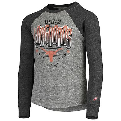 Youth League Collegiate Wear Heathered Gray Texas Longhorns Baseball Tri-Blend Raglan Long Sleeve T-Shirt