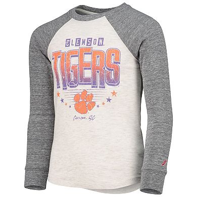 Youth League Collegiate Wear Heathered Gray Clemson Tigers Baseball Tri-Blend Raglan Long Sleeve T-Shirt