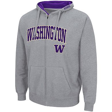 Men's Colosseum Heathered Gray Washington Huskies Arch & Logo 3.0 Full-Zip Hoodie