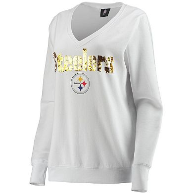 Women's Cuce White Pittsburgh Steelers Victory V-Neck Pullover Sweatshirt