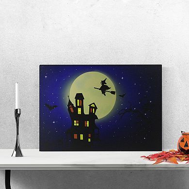 Northlight Fiber Optic and LED Lighted Witch in the Moon Halloween Canvas Wall Art