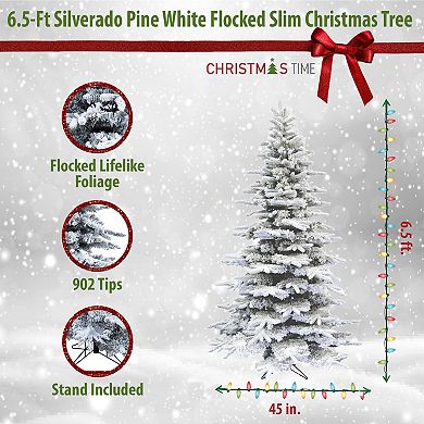 Christmas Time 6.5-ft. Silverado Pine Flocked Slim Artificial Christmas Tree