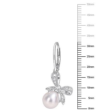 Stella Grace Sterling Silver Freshwater Cultured Pearl & Diamond Accent Bow Earrings