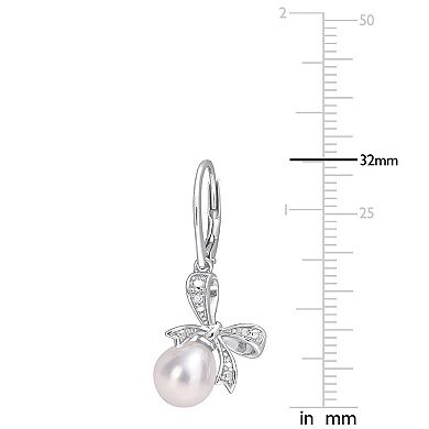 Stella Grace Sterling Silver Freshwater Cultured Pearl & Diamond Accent Bow Earrings
