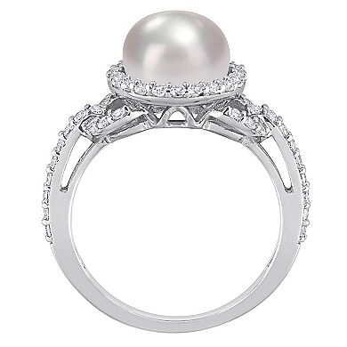 Stella Grace Sterling Silver Freshwater Cultured Pearl & White Topaz Halo Ring