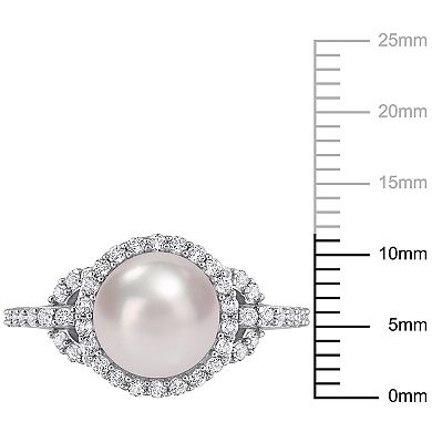 Stella Grace Sterling Silver Freshwater Cultured Pearl & White Topaz Halo Ring