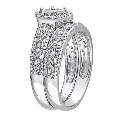 Stella Grace Sterling Silver 1/4 Carat T.W. Diamond Hexagon Halo Engagement Ring Set