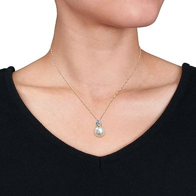 Stella Grace 14k Gold South Sea Cultured Pearl, Blue Topaz & Diamond Accent Pendant Necklace