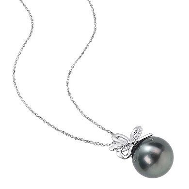 Stella Grace 14k White Gold Tahitian Cultured Pearl & Diamond Accent Bow Pendant Necklace
