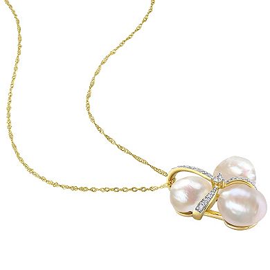 Stella Grace 14k Gold Freshwater Cultured Pearl & 1/10 Carat T.W. Diamond Bow Pendant Necklace