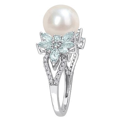 Stella Grace 14k White Gold Freshwater Cultured Pearl, Aquamarine & 1/8 Carat T.W Diamond Flower Ring