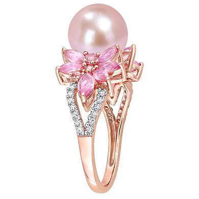 Stella Grace 14k Rose Gold Dyed Pink Freshwater Cultured Pearl, Pink Sapphire & 1/8 Carat T.W. Diamond Flower Ring