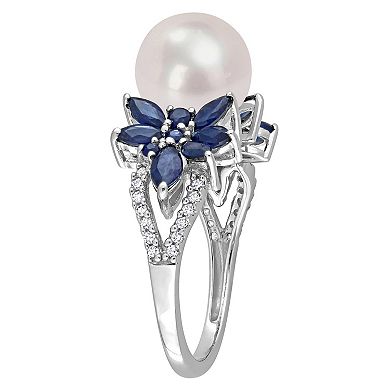 Stella Grace 14k White Gold Freshwater Cultured Pearl, Sapphire & 1/8 Carat T.W. Diamond Flower Ring