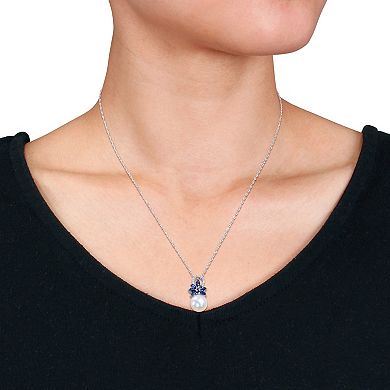 Stella Grace 14k White Gold Freshwater Cultured Pearl, Sapphire & Diamond Accent Flower Pendant Necklace