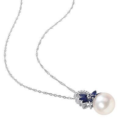 Stella Grace 14k White Gold Freshwater Cultured Pearl, Sapphire & Diamond Accent Flower Pendant Necklace